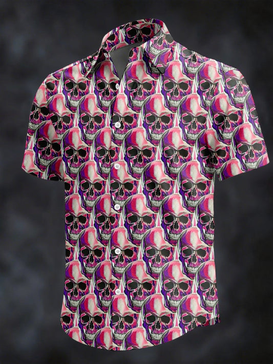 Men's Retro Horror Skull Print Lapel Short Sleeve Shirt
