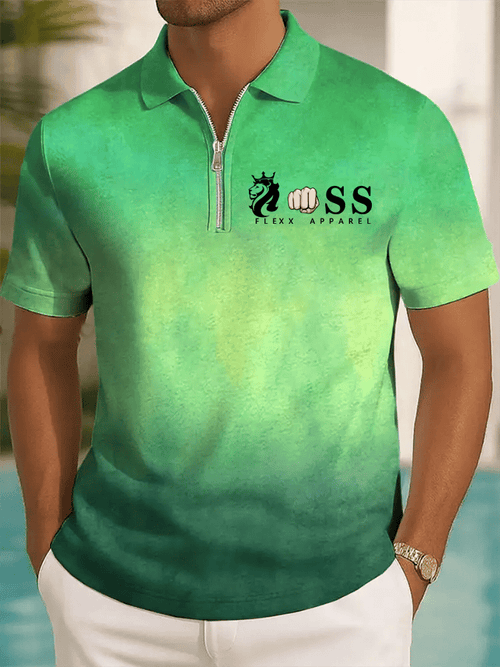 Men's Retro Letter Design Printed Casual Zipper Polo Shirt