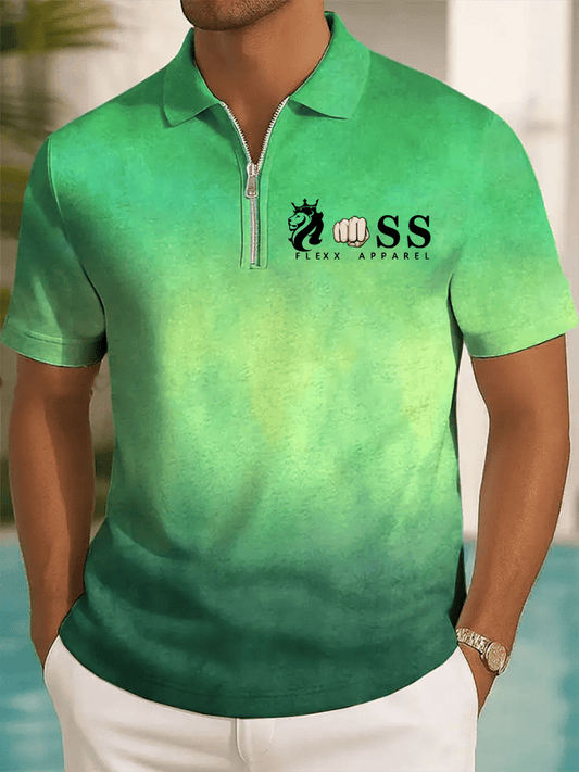 Men's Retro Letter Design Printed Casual Zipper Polo Shirt
