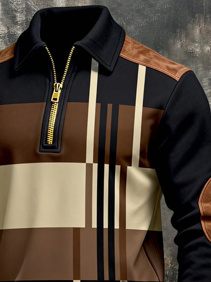 Men's Retro Color Block Print Zipper Sweatshirt