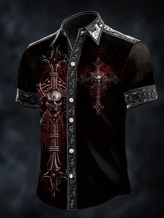 Men's Casual Fashion Dark Pattern Cross Skull Contrast Satin Shirt