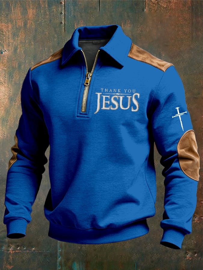 Men's vintage Faith “Thank You Jesus” Design Print Casual Zipper Sweatshirt-Fast Shipping