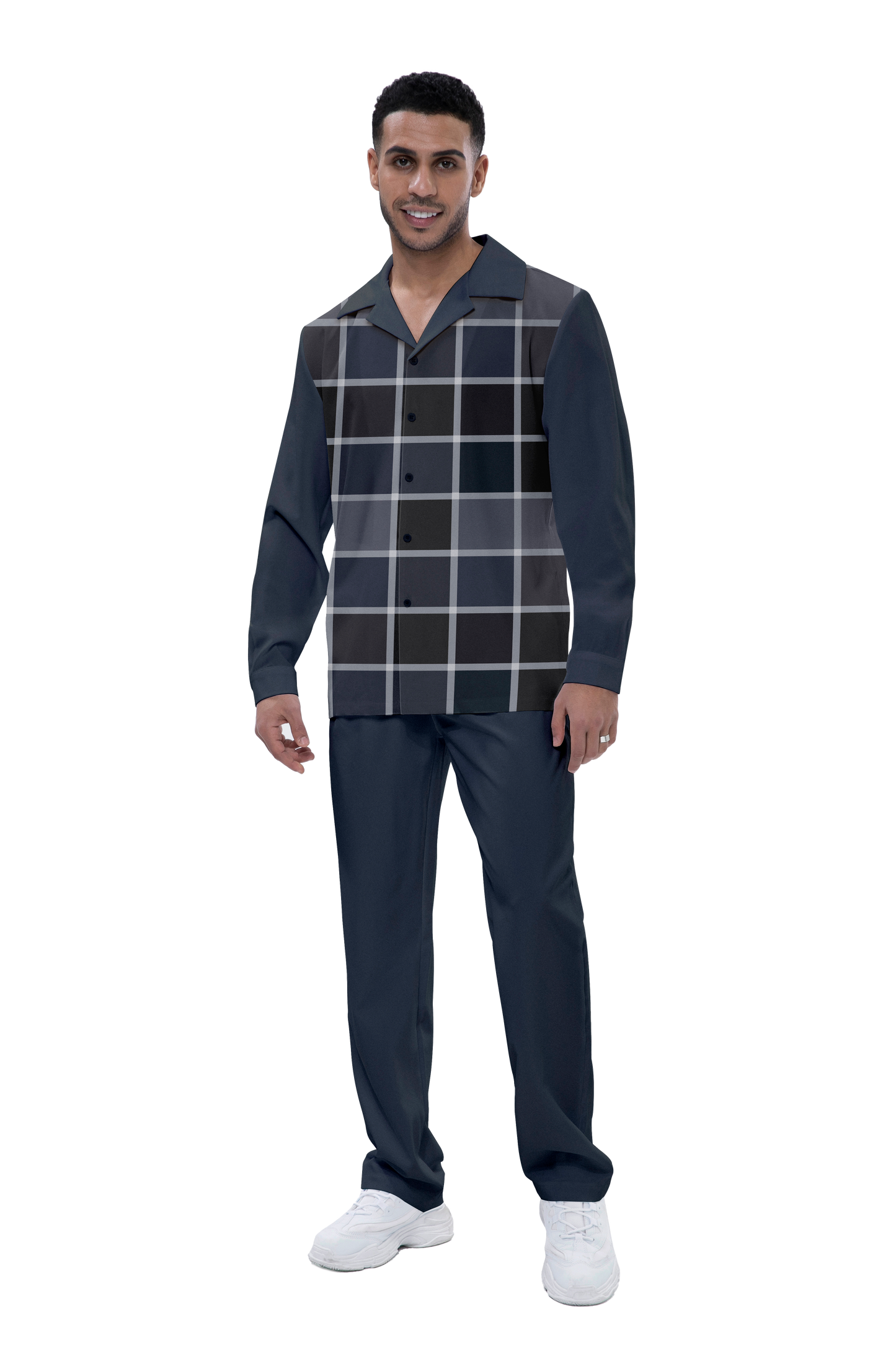 Suitmens Navy Blue Plaid Long Sleeve Walking Suit