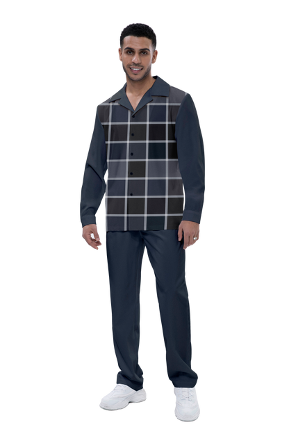 Suitmens Navy Blue Plaid Long Sleeve Walking Suit