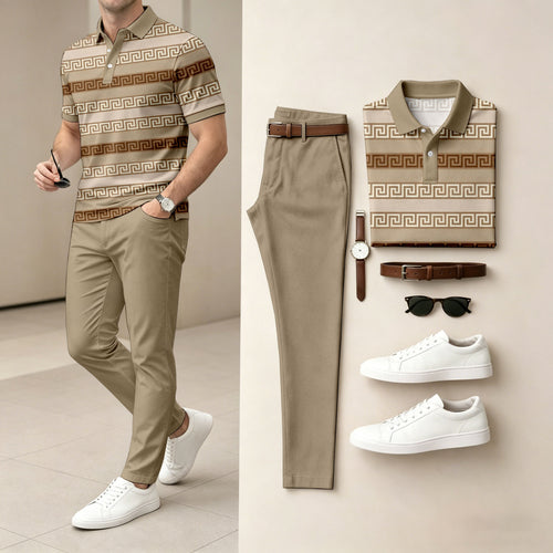 Men's Casual Printed Polo Shirt And Pants Two-Piece Set