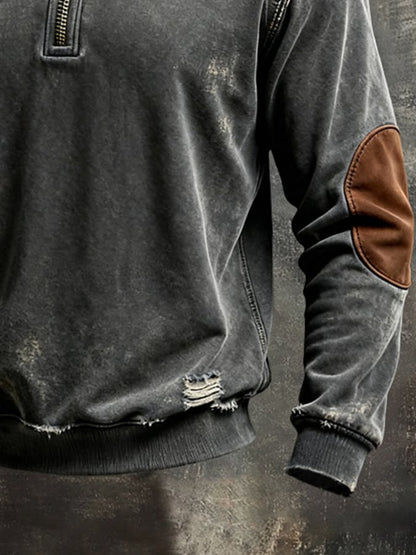 Men'S Vintage Pure Cotton Washed And Distressed Patchwork Color-Block Long-Sleeved Sweatshirt