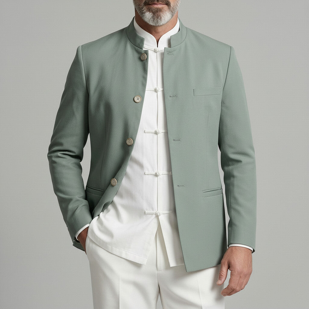 Men's Mandarin Collar Welt Pockets Single Breasted Solid Color Jacket