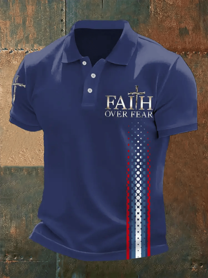 Men's Retro Faith “Faith Over Fear�? Casual Printed Polo Shirt