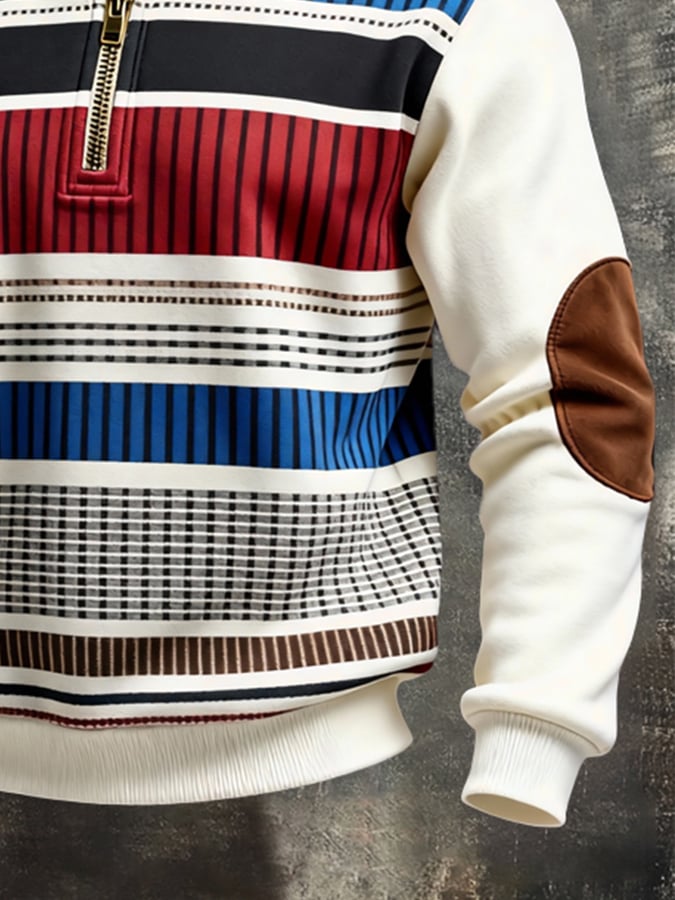 Men's Retro Color Block Print Color-Blocked Zip-Up Sweatshirt