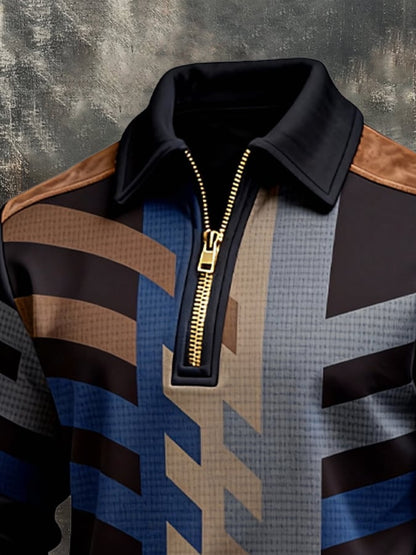 Men's Retro Color Block Print Zipper Sweatshirt