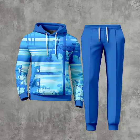 Men's Casual Blue Ink Painting Long-Sleeve Hoodies Sweatshirt & Trousers Two-Piece Set