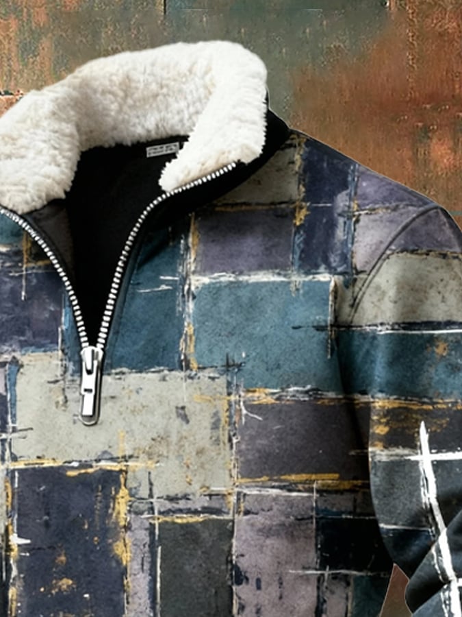 Men's Retro Color Block Print Casual Fur Collar Sweatshirt