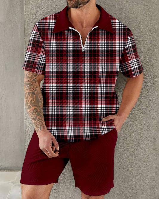 Suitmens Retro Classic Red And Black Plaid Zipper Polo Set