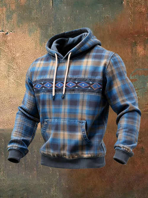 Men's Casual Retro Plaid Print Long Sleeve Hooded Sweatshirt