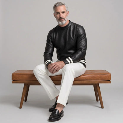 Men's Black PU Leather Mock Neck Contrast Striped Hem Long Sleeve T-Shirt