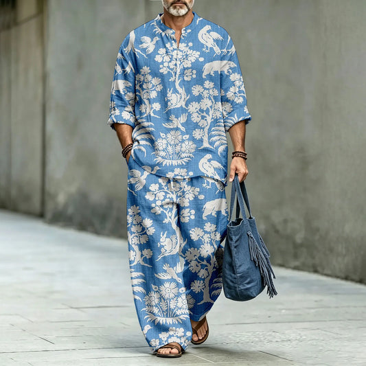 Men's Tree-Print Stand-Collar Polo Shirt and Long Pants Two-Piece Suit Set