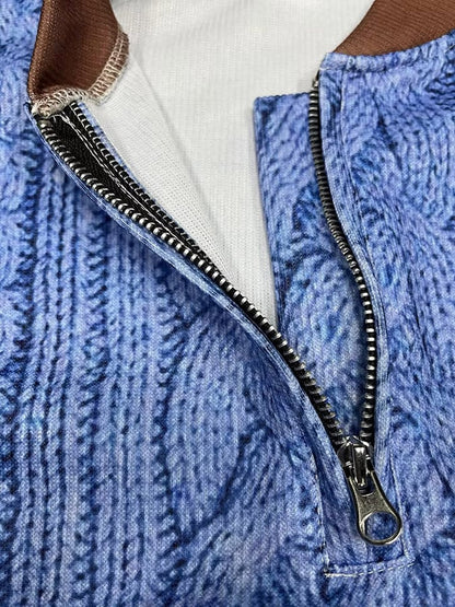 Men's Retro Letter Print Zipper Neck Knit Sweatshirt