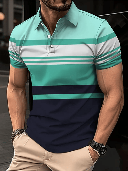 Men's Business Stripe Button-Down Short Sleeve Polo Shirt