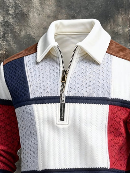 Men's Retro Color Block Print Zipper Sweatshirt