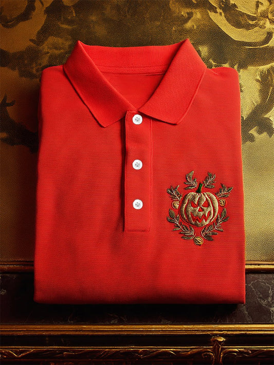 Men's Casual Business Halloween Pumpkin Art Button Short Sleeve Polo Shirt