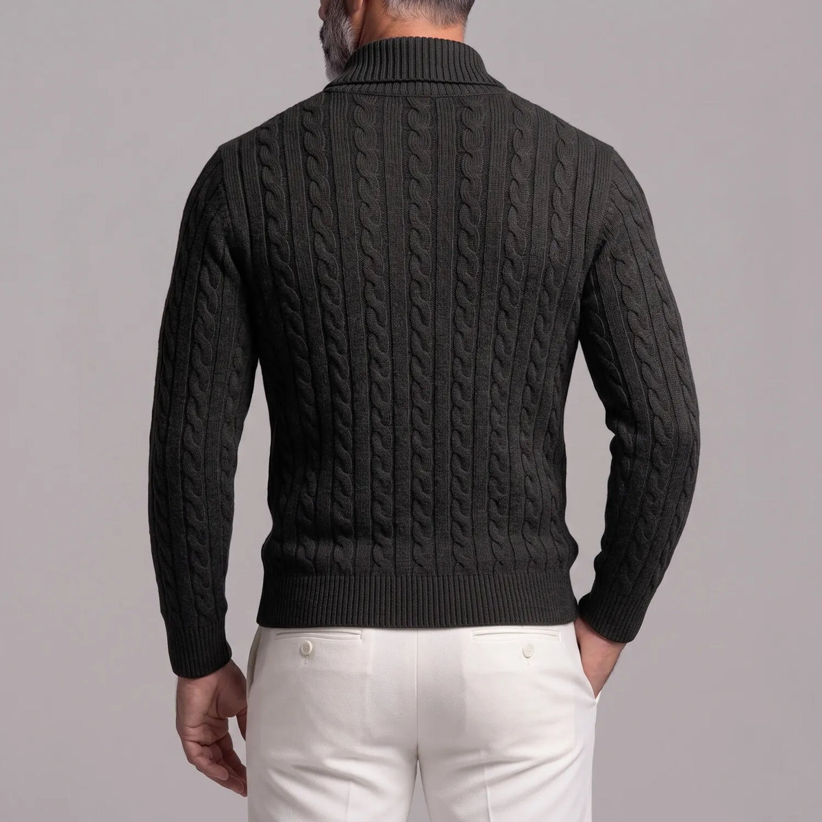 Men's Solid Color Cable Knit Shawl Collar Slim Fit Pullover Sweater