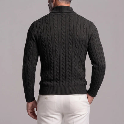 Men's Solid Color Cable Knit Shawl Collar Slim Fit Pullover Sweater