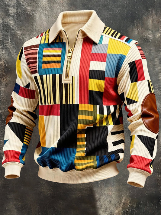 Men's Vintage Color-Block Printed Zip-Up Hoodie
