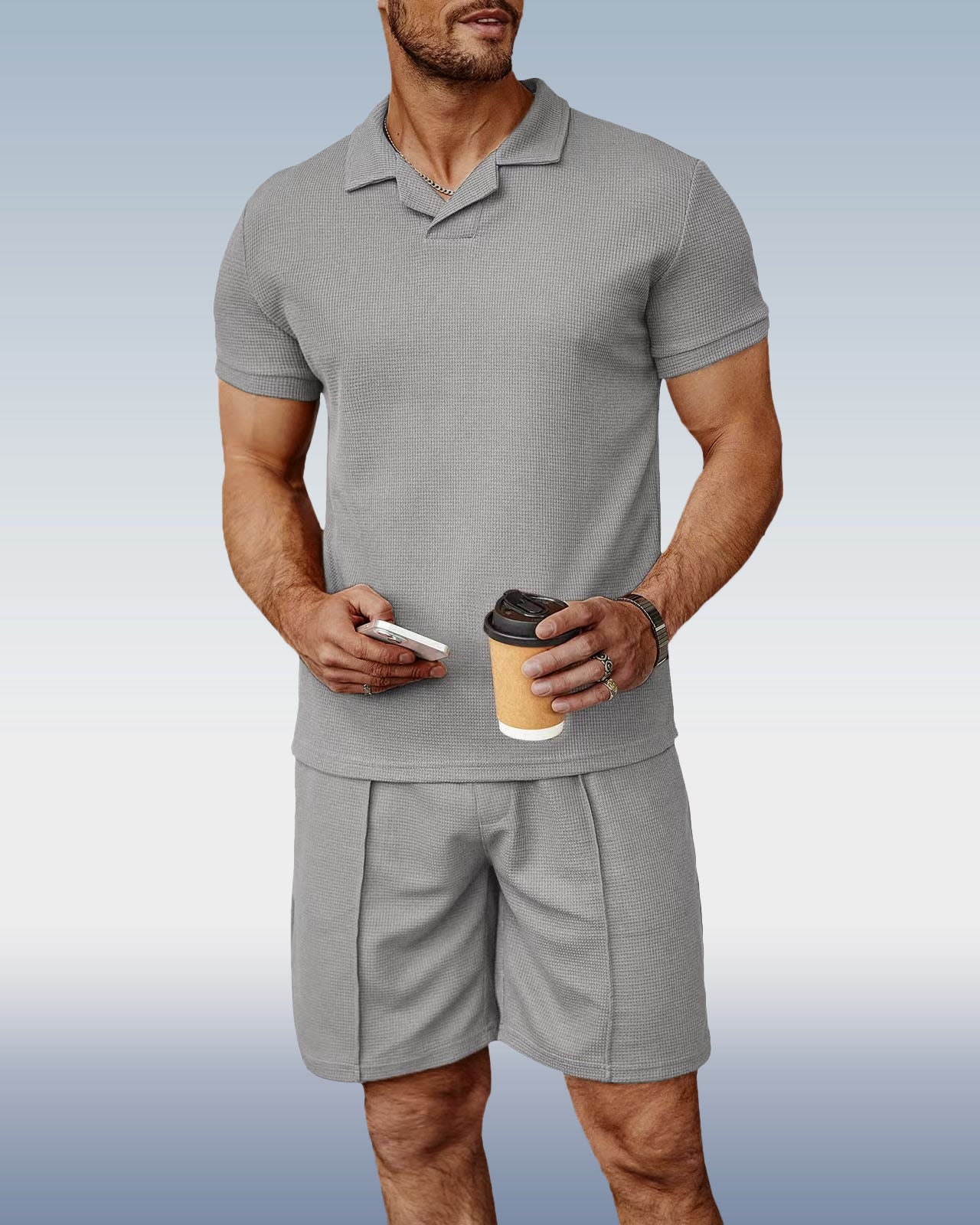 Suitmens Men's Gray Knit V-Neck Polo Shirt