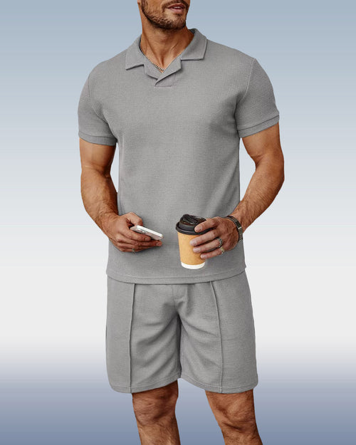 Suitmens Men's Gray Knit V-Neck Polo Shirt