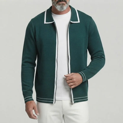 Men's Solid Color Contrast Binding Turndown Collar Zipper Knitted Cardigan
