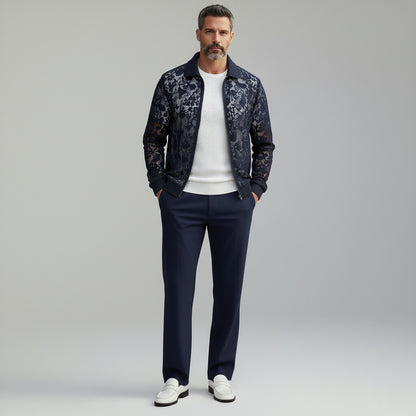 Men's Stylish Midnight Blue Guipure Lace Ribbed Cuffs Turndown Collar Zipper Jacket