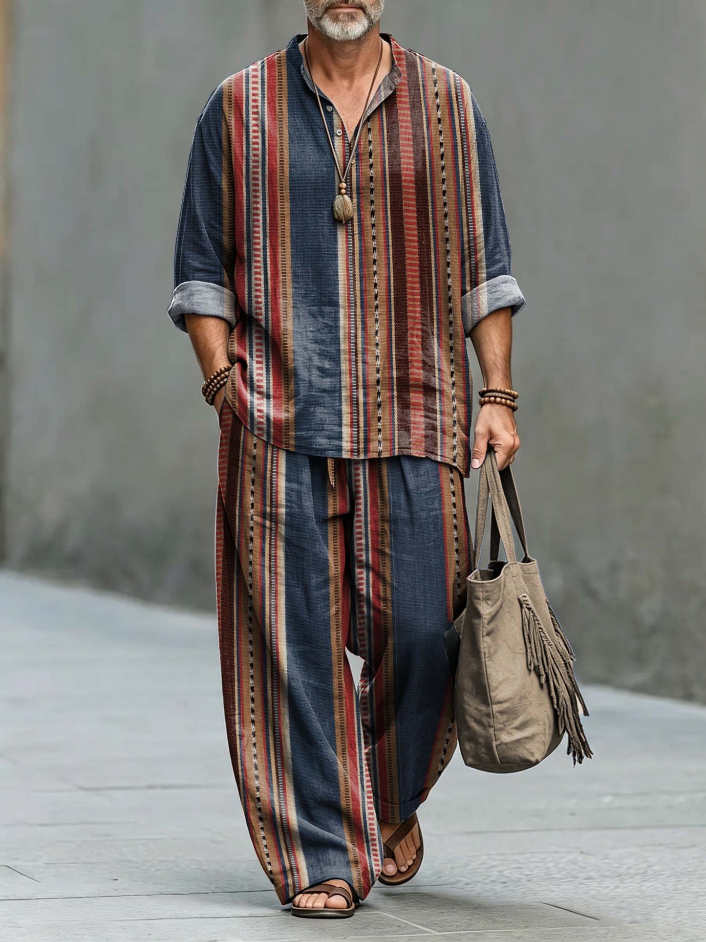 Men's Vintage Ethnic Stripes Print Cotton Shirt Set