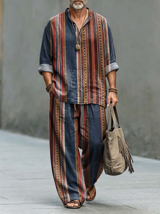 Men's Vintage Ethnic Stripes Print Cotton Shirt Set