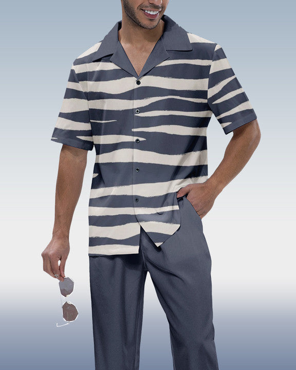 Rianmond Men's Striped Print Short Sleeve Shirt Walking Set 292