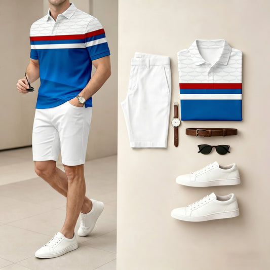 Men's Casual Blue And White Color Spliced Stripes Polo Shirt & Shorts Two-Piece Set