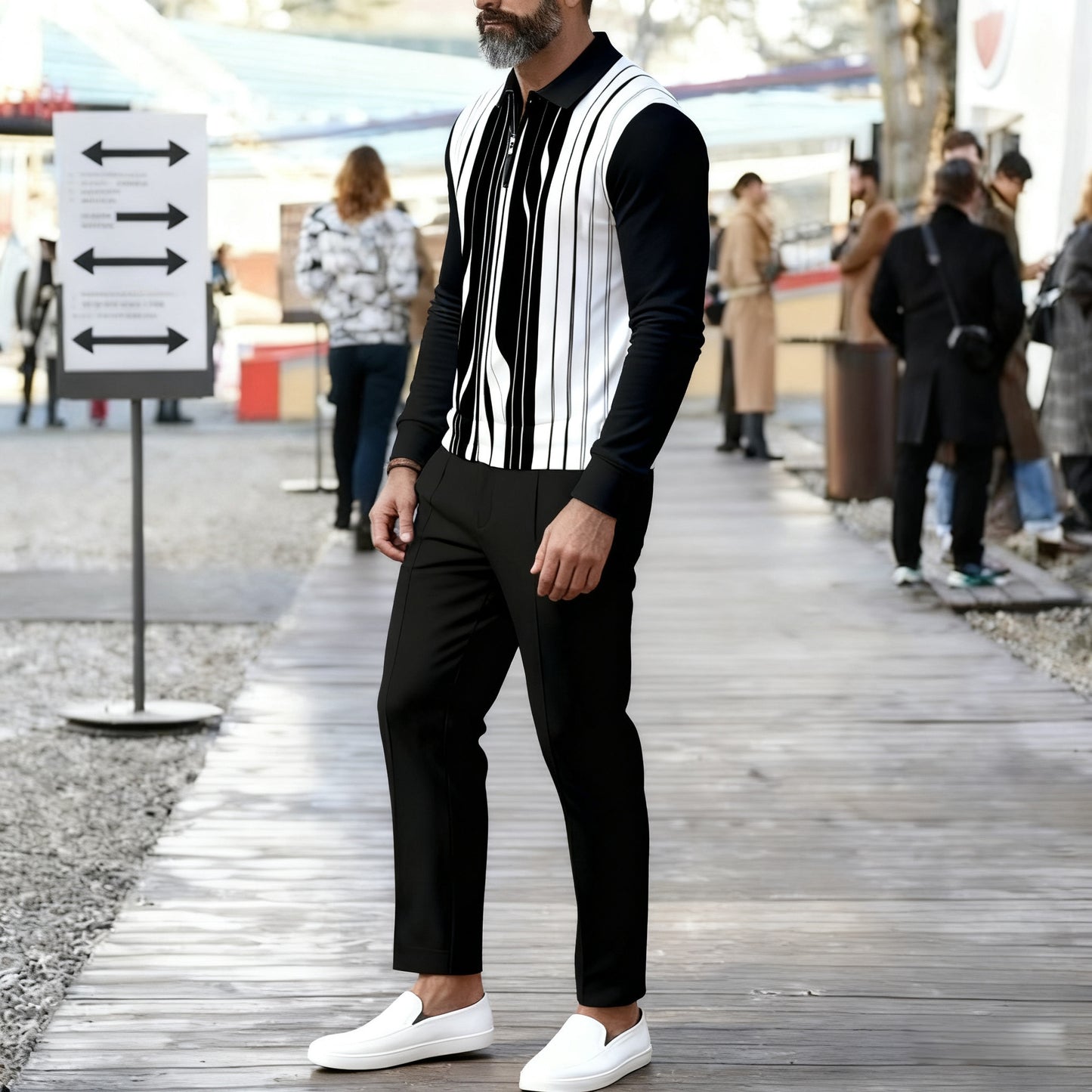Men's Casual Color Matching Printed Polo-Collar Zipper Long Sleeved Trousers Two-Piece Set