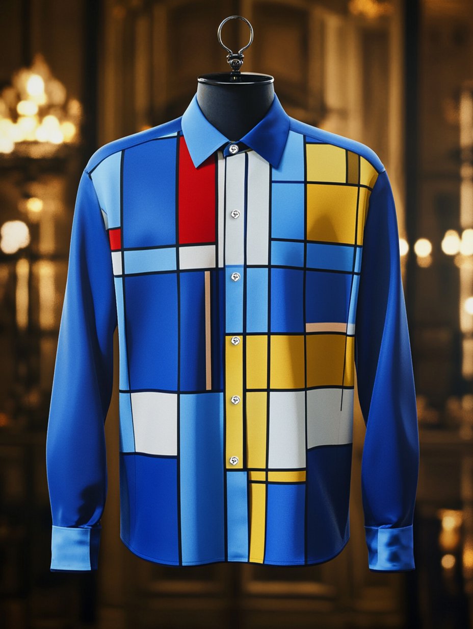 Men's Satin Geometric Casual Long Sleeve Button-Down Shirt