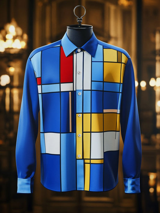 Men's Satin Geometric Casual Long Sleeve Button-Down Shirt