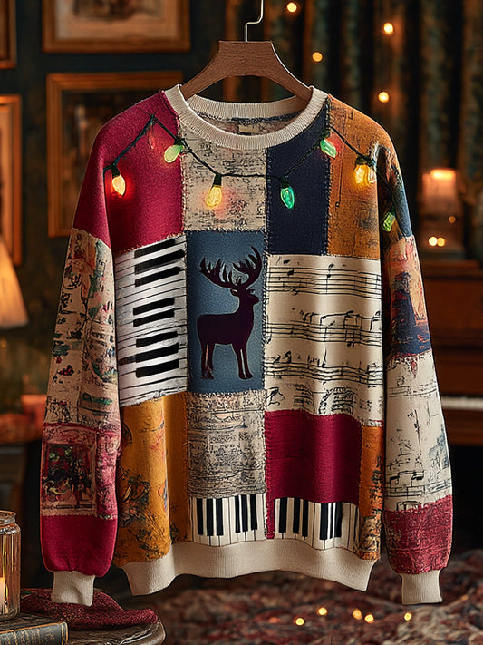 Men's Retro Casual Musical Note Christmas Party Art Sweatshirt