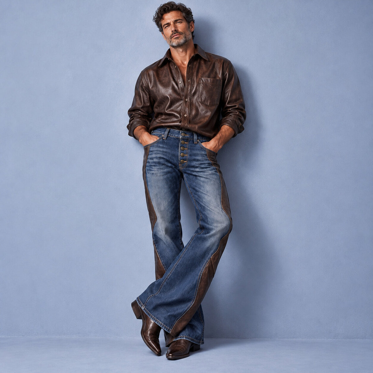 Men's Vintage Denim PU Leather Patchwork Single Breasted Bell Bottom Pants