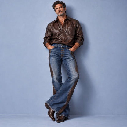 Men's Vintage Denim PU Leather Patchwork Single Breasted Bell Bottom Pants