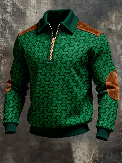 Men's Retro Color Block Print Color-Blocked Zip-Up Sweatshirt