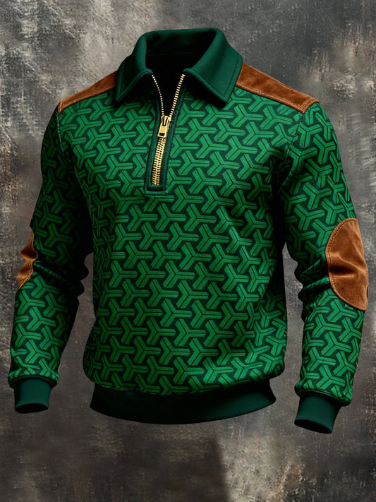Men's Retro Color Block Print Color-Blocked Zip-Up Sweatshirt