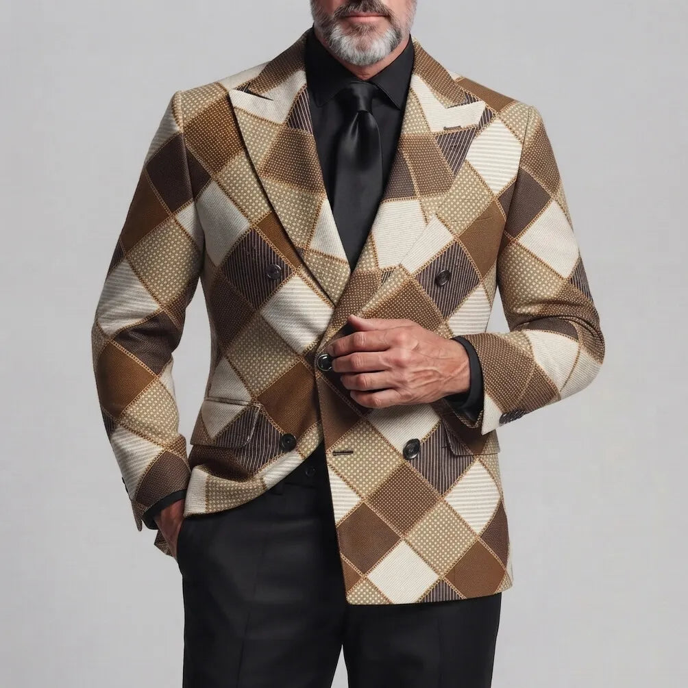 Men's Business Casual Colorblock Plaid Print Peak Lapel Double-Breasted Slim Fit Blazer