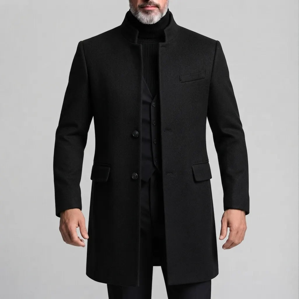 Men's Smart Casual Solid Stand Collar Single Breasted Long Sleeve Mid Length Woolen Coat