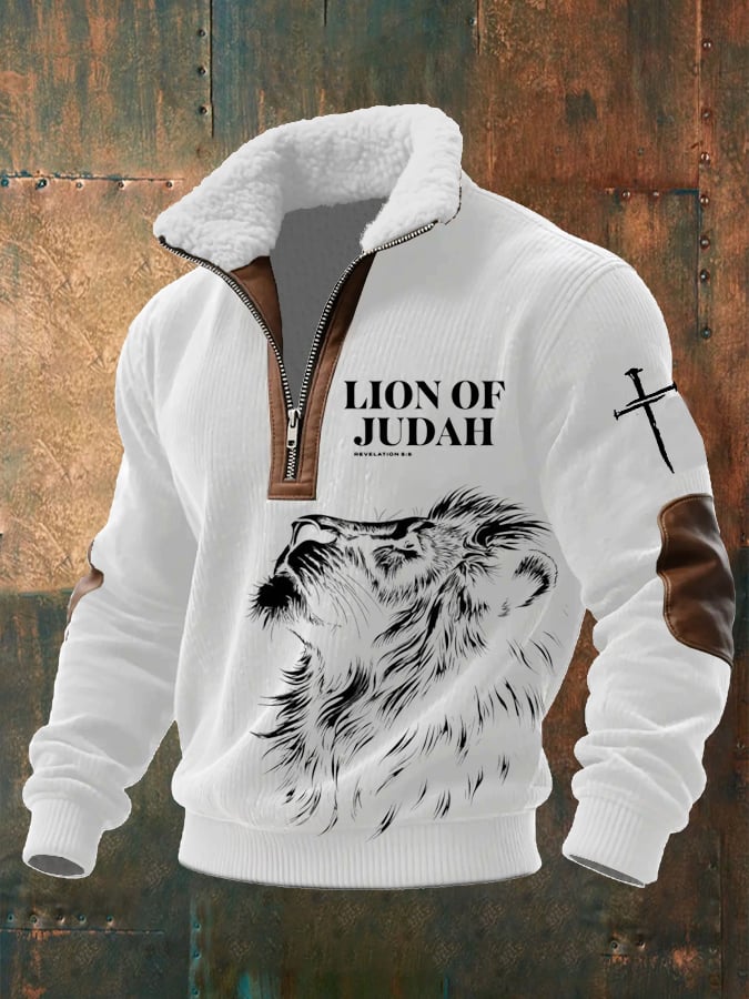 Men's Faith Print Knitted Fabric Zipper Fur Collar Long-Sleeved Sweatshirt