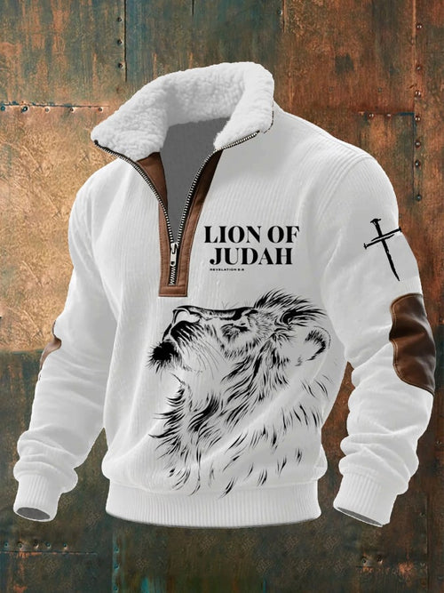 Men's Faith Print Knitted Fabric Zipper Fur Collar Long-Sleeved Sweatshirt