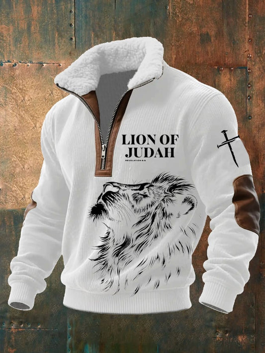 Men's Faith Print Knitted Fabric Zipper Fur Collar Long-Sleeved Sweatshirt