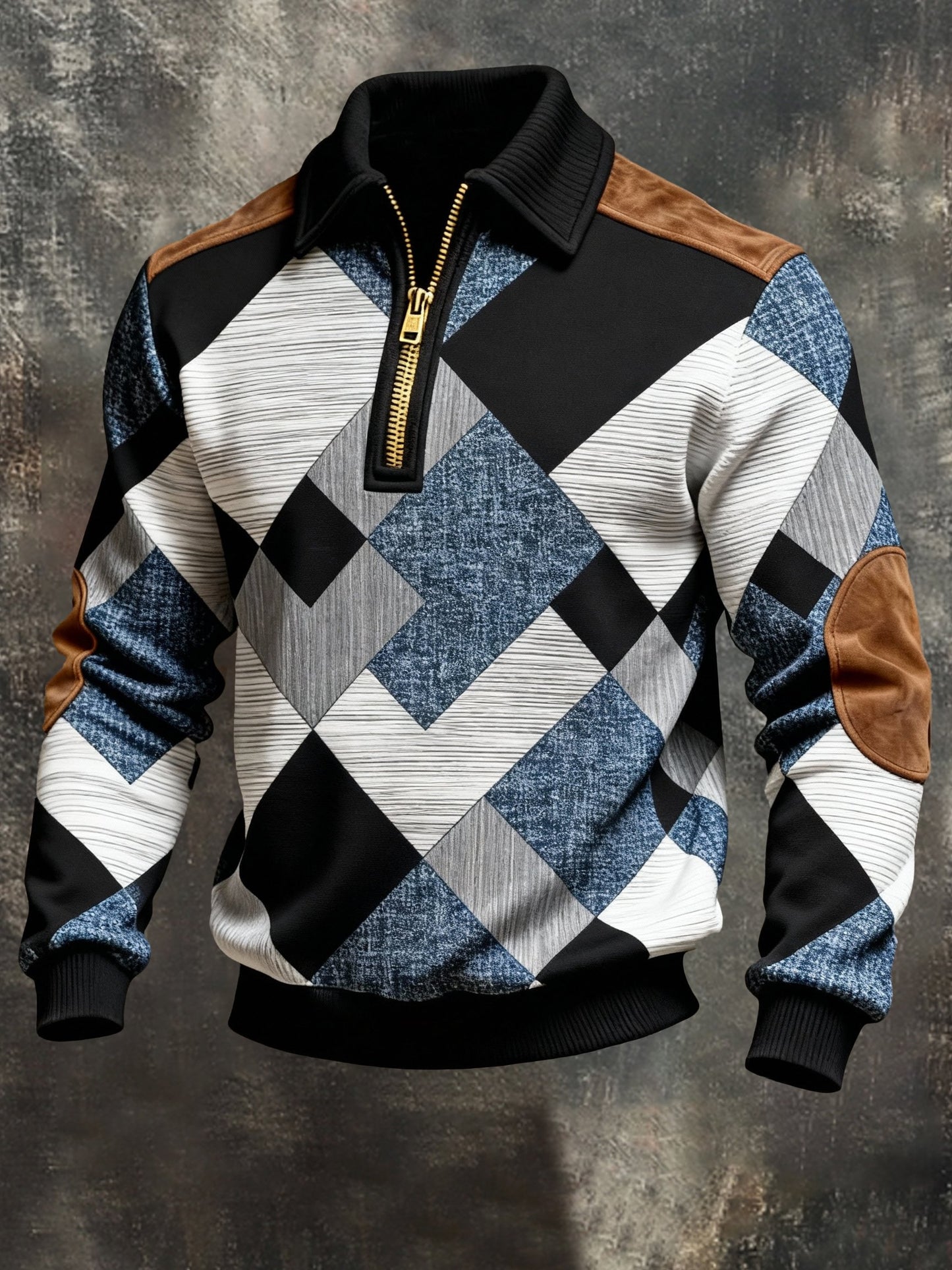Men's Vintage Color-Block Printed Zip-Up Hoodie