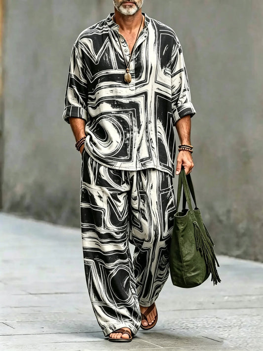 Men's Vintage Abstract Art Printed Cotton Shirt Set (Top & Pants)